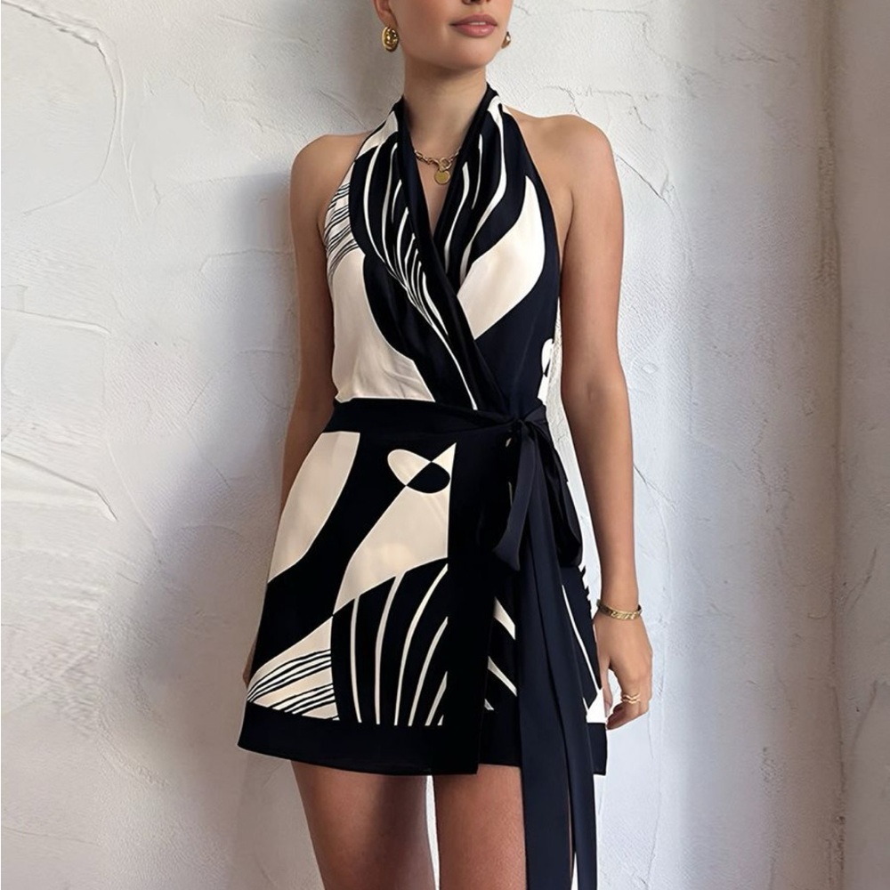 Print Halter Belted Short Dress